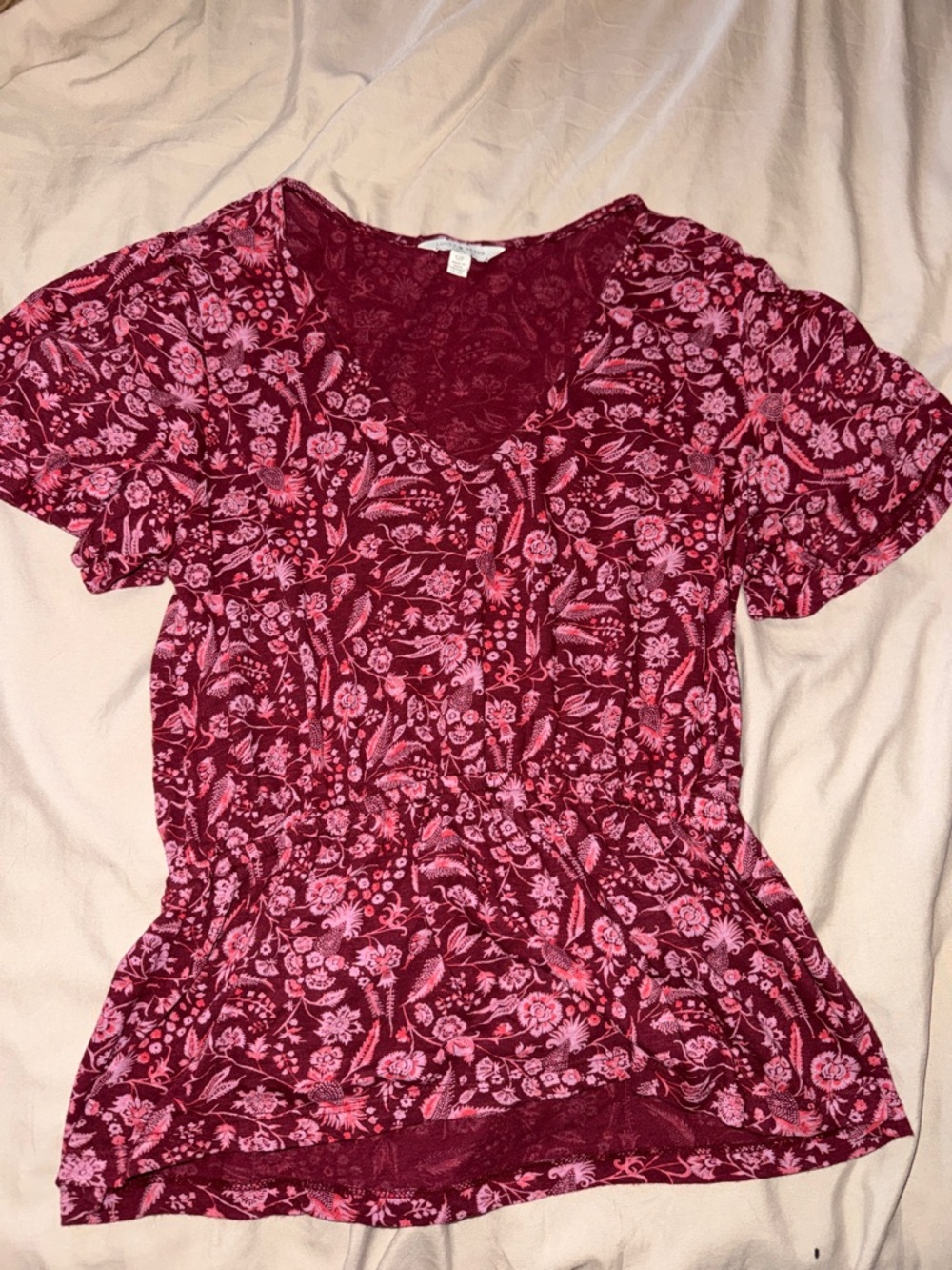 Lucky Brand Burgundy and Pink Floral V-Neck Short Sleeve Top